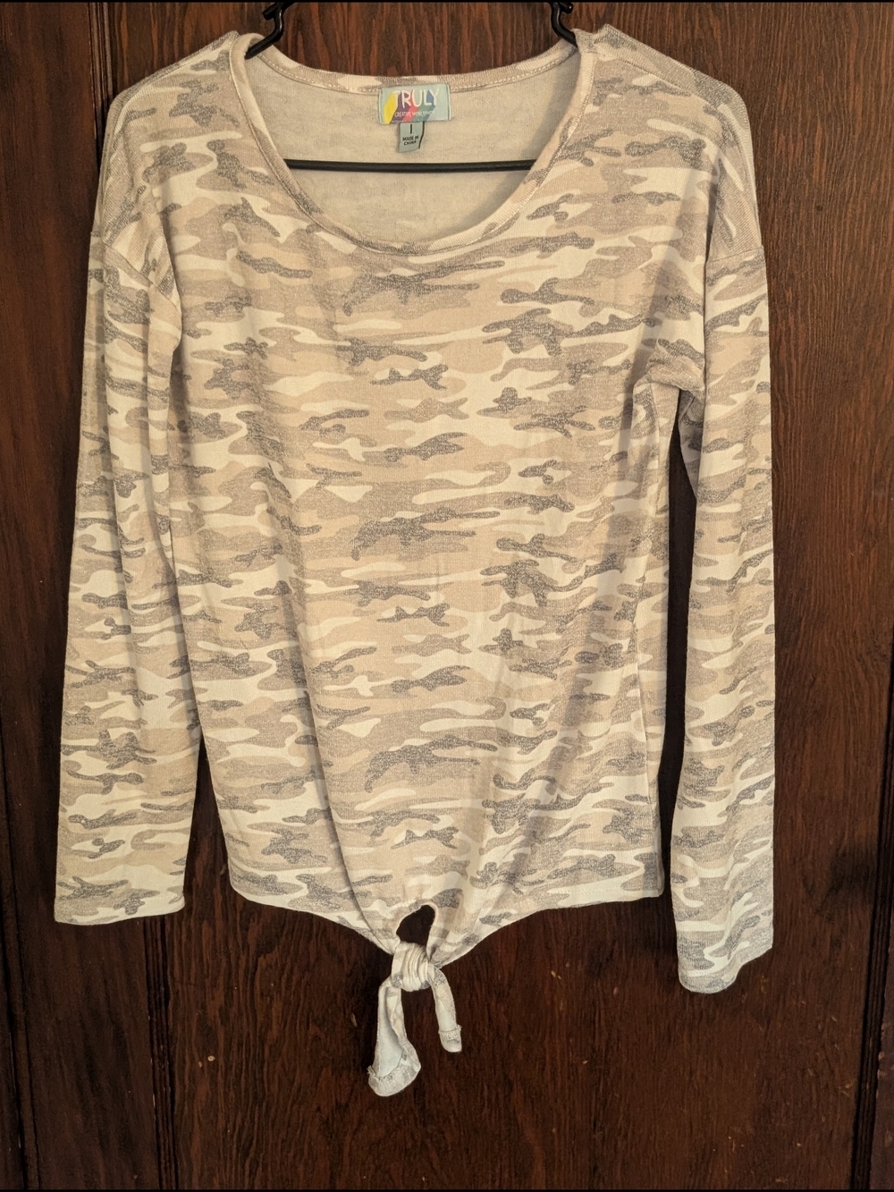 TRULY Women's Long-Sleeve Camo Tie-Front Top - Beige, Gray